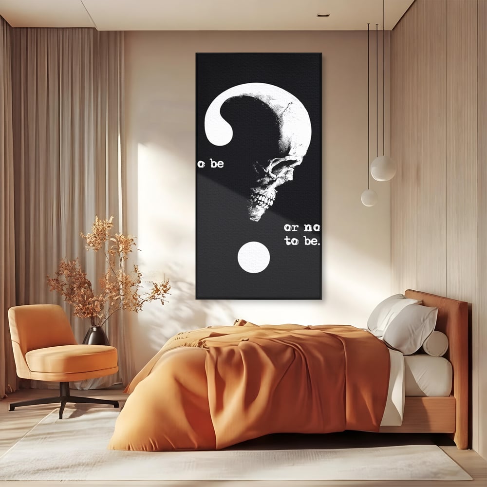 Tablou canvas cu tablou canvas cu craniu si semnul intrebarii, in rama de aluminiu negru, pe perete intr-un dormitor